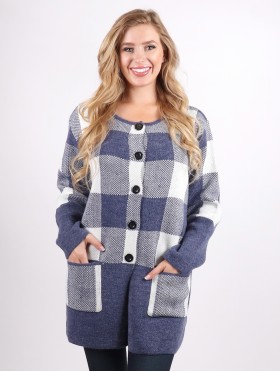 Plaid Knit Sweater Jacket W/ Buttons and Pockets